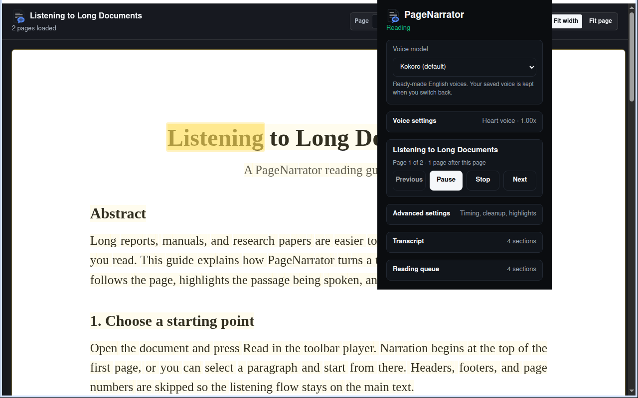 PageNarrator reading a PDF with synchronized highlighting