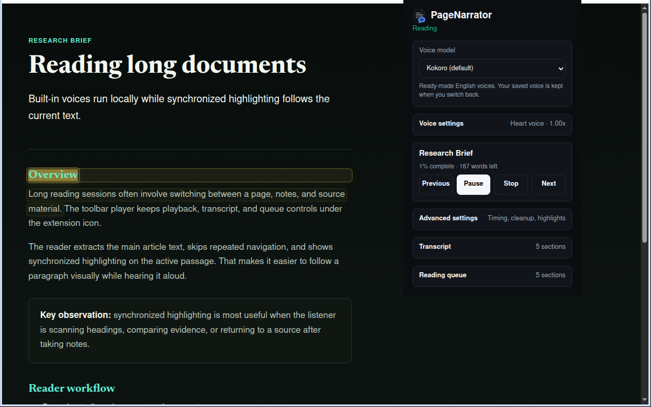 PageNarrator reading a webpage and highlighting the current passage